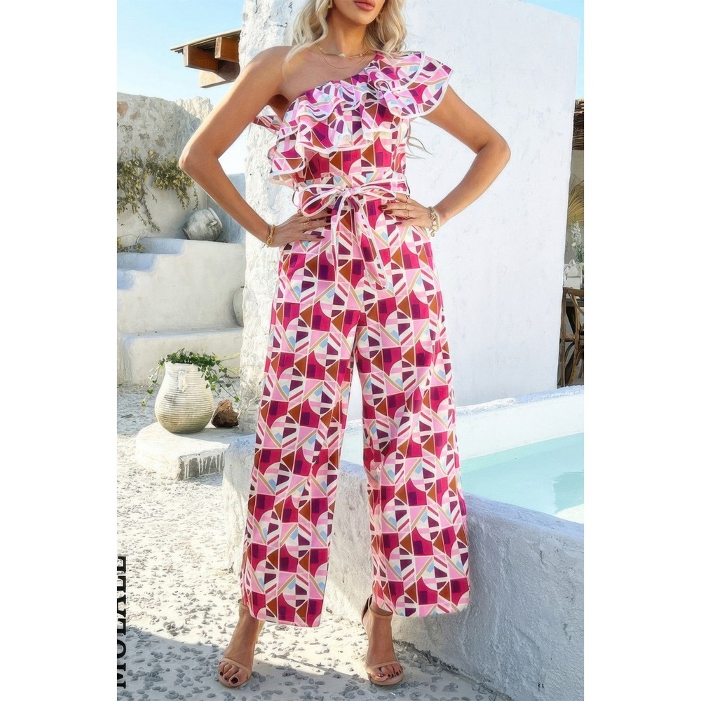 One‎ Shoulder Ruffle Jumpsuit Women S Pink New  Geometric Wide Leg Belted